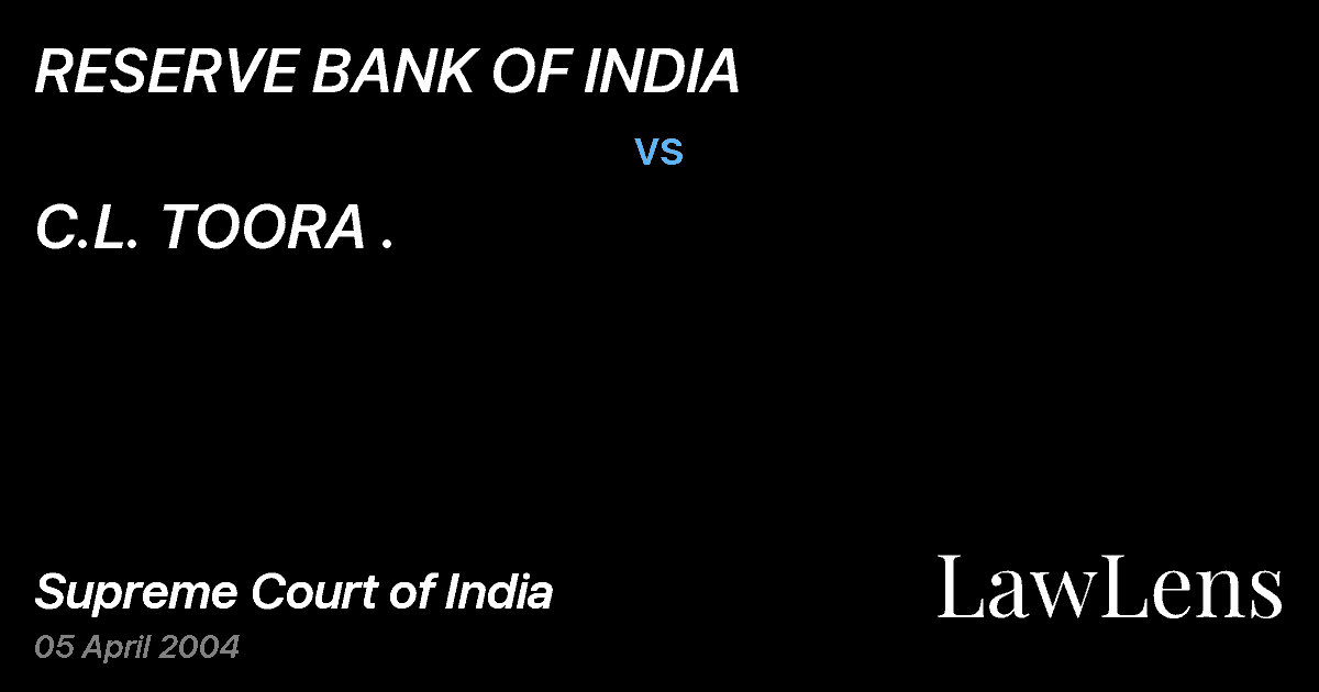 Preview image for RESERVE BANK OF INDIA vs. C.L. TOORA .