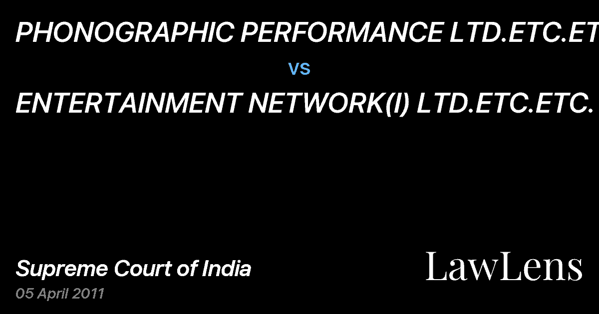 Preview image for PHONOGRAPHIC PERFORMANCE LTD.ETC.ETC. vs. ENTERTAINMENT NETWORK(I) LTD.ETC.ETC.