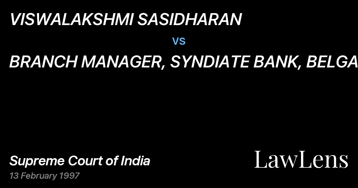 Preview image for VISWALAKSHMI SASIDHARAN vs. BRANCH MANAGER, SYNDIATE BANK, BELGAUM